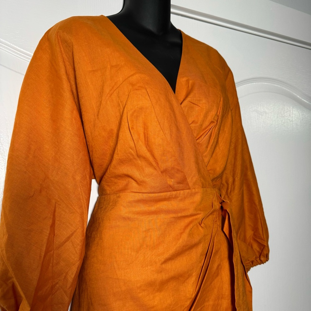 Express Linen Blend V-Neck Long Sleeve Tie Wrap Mini Sheath Dress NWT Size M - Picture 7 of 10